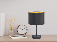 Edle LED Tischleuchte mit 20cm Ø Lampenschirm aus Stoff in Schwarz & Gold