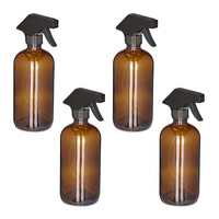 Relaxdays Sprühflasche Glas, 4er Set, 500 ml, Nebel & Strahl, Spritzflasche für Haarpflege, Reinigung & Pflanzen, braun
