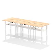 Air Back-to-Back 1200 x 600mm Height Adjustable 6 Person Office Bench Desk Maple Top with Cable Ports White Frame