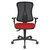 Silla giratoria ergonómica con asiento moldeado, sin brazos, asiento rojo, retícula del respaldo negra.