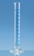 Meßzylinder 50 ml hohe Form m. Ausguß u. Sechs- kantfuß BLAUBRAND Hauptpunkte-Ringteilung DURAN