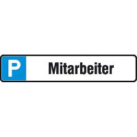 Parkplatzschild Symbol: P, Text: Mitarbeiter, Alu geprägt, Größe 43x8 cm