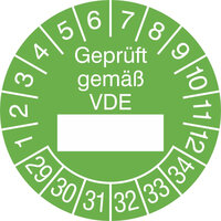 Prüfplaketten - Geprüft gemäß VDE, in Jahresfarbe,15 Stk/Bogen,selbstklebend, 2,5cm Version: 29-34 - Prüfplakette - Geprüft gemäß VDE 29-34