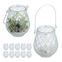 Relaxdays Windlicht, 12er Set, Glas, mit Henkel, HxD: 10 x 8,5 cm, innen & außen, Teelichthalter, transparent/ silber