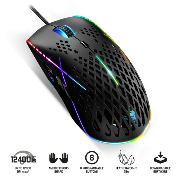 Spirit of Gamer Spirit of Gamer Egér - S-XM100 (Optikai, 12400DPI, RGB, Omron kapcsolók, 8 gomb, harisnyázott kábel, fekete)