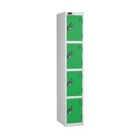 Probe keyless coloured lockers with combination lock, white body, 4 green doors, 305mm depth