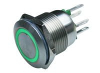 Drucktaster, 2-polig, silber, beleuchtet (grün), 0,05 A/24 V, Einbau-Ø 19.2 mm,