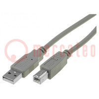 Kábel; USB 2.0; USB A dugó,USB B dugó; nikkelezett; 1,5m; szürke