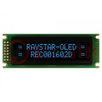 Display: OLED; alphanumeric; 16x2; Dim: 85x30x10mm; blue; PIN: 14