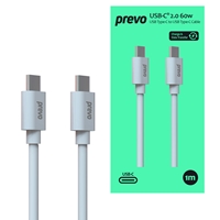 Prevo USB 2.0 60W C to C PVC cable 20V/3A 480Mbps White Superior Design & Performance Retail Box Packaging