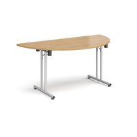 Semi circular folding leg table with silver legs and straight foot rails 1600mm