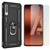 NALIA Ring Handy Hülle für Samsung Galaxy A70, Case Cover Display Schutz Glas-Schwarz