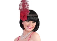 bandeau charleston à  sequins noir plume et fleur rouge