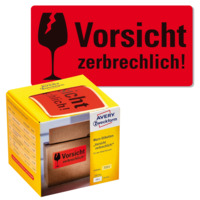 "Warn-Etiketten Aufdruck ""Zerbrechlich"" im Kartonspender, 100 x 50 mm, 1 Rolle/200 Etiketten, neonrot"