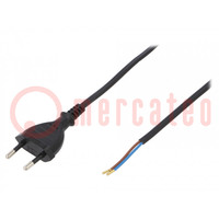 Kábel; 2x0,75mm2; CEE 7/16 (C) dugó,vezetékek; PVC; 3m; fekete