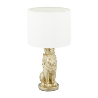 Relaxdays Tischlampe Löwe, Tischleuchte mit Stoffschirm, E27, prunkvolle Nachttischlampe, H x D: 47,5 x 25 cm, weiß/gold