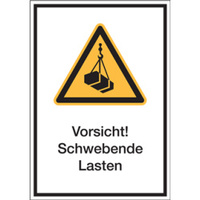 Warnzeichen Kombischild "Vorsicht! Schwebende Last" [W015], Folie (0,1 mm), 130 x 185 mm, ASR A1.3 / ISO 7010, selbstklebend
