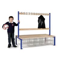 Childrens double sided cloakroom bench with 20 shoe baskets, 1500mm wide, dark blue frame