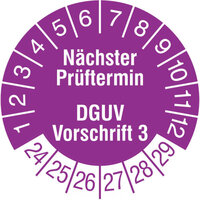 Prüfplakette, Nächster Prüftermin DGUV Vorschrift 3, 1000 Stk/Rolle, 3,0 cm, v/w, Folie Version: 2024 - Prüfjahre: 2024-2029