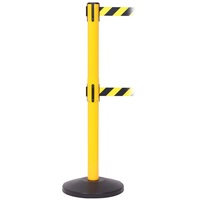 SafetyMaster 450 Twin Retractable Belt Barrier - 3.4m Belts with Warning Message - Red - Caution Wet Floor - Yellow belt