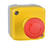 Control station, Harmony XALD, XALK, plastic, yellow lid, 1 red mushroom push button 40mm, turn to release, 1NC