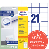 Universal-Etiketten, A4 mit ultragrip, Adressaufkleber, 64 x 36 mm, 30 Bogen/630 Etiketten, weiß