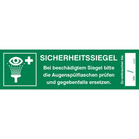 Sicherheitssiegel für Augenspülstation, 10,5 x 3,0cm, 5 Stk / Bogen DIN EN ISO 7010 E011 + Zusatztext ASR A1.3 E011 + Zusatztext