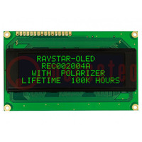 Display: OLED; alfanumeriek; 20x4; Afm: 98x60x10mm; groen; PIN: 16