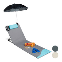Relaxdays Strandmatte, gepolsterte Strandliege XXL mit Sonnenschirm, 3-stufig verstellbar, Kopfkissen, tragbar, beige