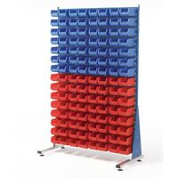 Single-sided louvre panel racks, with 40 red/blue bins