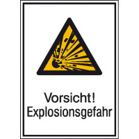 Vorsicht! Explosionsgefahr Warnschild, selbstkl. Folie, Größe 13,10x18,50cm DIN EN ISO 7010 W002 + Zusatztext ASR A1.3 W002 + Zusatztext