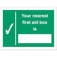 Stewart Superior Your Nearest First Aid Box Is Sign W200xH150mm Self Adhesive Vinyl Ref SP075SAV