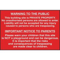 Building site warning to public and parents sign