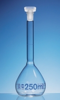 100ml Volumetric flasks boro 3.3 class A blue graduations with PP stoppers incl. USP individual certificate