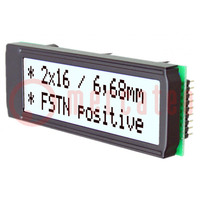 Wyświetlacz: LCD; alfanumeryczny; FSTN Positive; 16x2; 68x26,8mm
