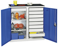 Werkzeug- und Materialschrank Serie 2000, 7035/5010, 9 Schubladen, Mitteltrennwand, 2 Fachböden
