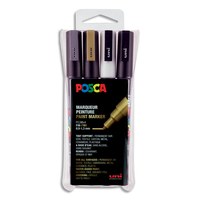 UNI POSCA Pochette de 4 marqueurs POSCA. Pointe fine conique 0,9-1,3mm. Coloris : or, argent, noir, blanc