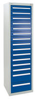 Schubladenschrank Serie T-100/35-5, RAL 7035/5010, 15 Schubladen (13x100, 2x200mm)