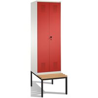 EVOLO cloakroom locker, doors close in the middle, with bench