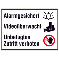 Alarmgesichert, Videoüberwacht, Zutritt verboten. Alu, 35 cm x 25 cm