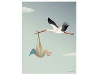 Ereigniskarte Vissevasse Storch fliegt mit Baby blau, Doppelkarte 10,5x15cm