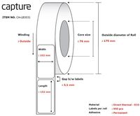 Label 102x152, Core 76, Diameter 175 mm. Thermal print. Uncoated. Permanent. 950 labels per roll. 4 rolls per box.Printer Labels