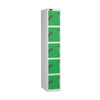 Probe keyless coloured lockers with combination lock, white body, 5 green doors, 305mm depth