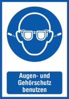 Kombischild - Augenschutz und Ohrstöpsel benutzen, Blau, 18.5 x 13.1 cm, Weiß