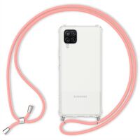 NALIA Necklace Cover with Band compatible with Samsung Galaxy A12 Case, Transparent Protective Hardcase & Adjustable Holder Strap, Easy to Carry Crossbody Phone Bumper Rugged Pink