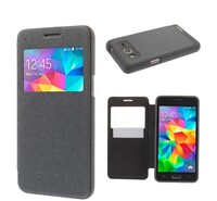 MERCURY Wow Bumper tok álló, bőr hatású (FLIP, oldalra nyíló, S-View cover, textil minta) SZÜRKE [Samsung Galaxy Grand Prime 2015 (SM-G531F)]