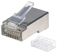 Intellinet 90er-Pack Cat6 RJ45-Modularstecker Pro Line, STP, 3-Punkt-Aderkontaktierung, für Litzen- und Massivdraht, 90 Stecker im Becher, 50 µ vergoldete Kontakte
