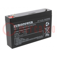 Batteria ric: acido-piombo; 6V; 7Ah; AGM; senza manutenzione; EP