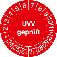 Prüfplaketten - UVV geprüft in Jahresfarbe, 28 Stück/Bogen, selbstklebend, 2,0 cm Version: 24-29 - Prüfplakette - UVV geprüft 24-29