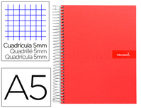 CUADERNO ESPIRAL LIDERPAPEL A5 MICRO CRAFTY TAPA FORRADA 120H 90 GR CUADRO 5MM 5 BANDAS6 TALADROS COLOR ROJO